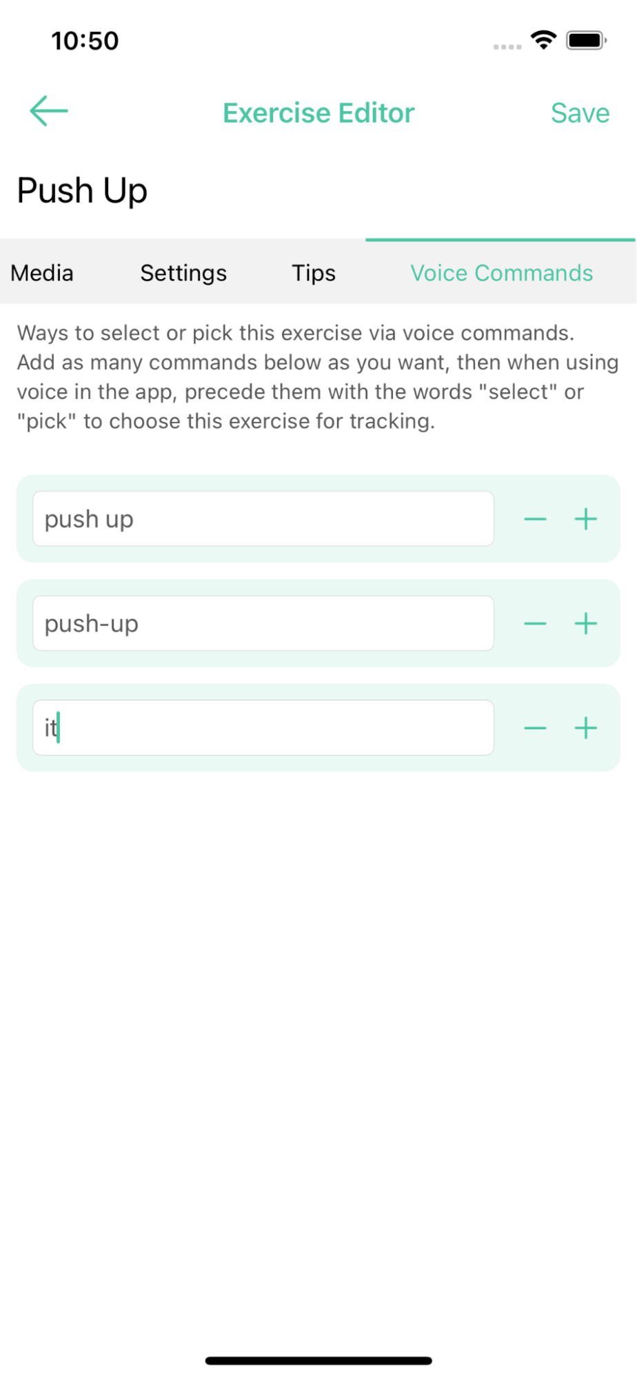 Your own voice commands for the custom exercise