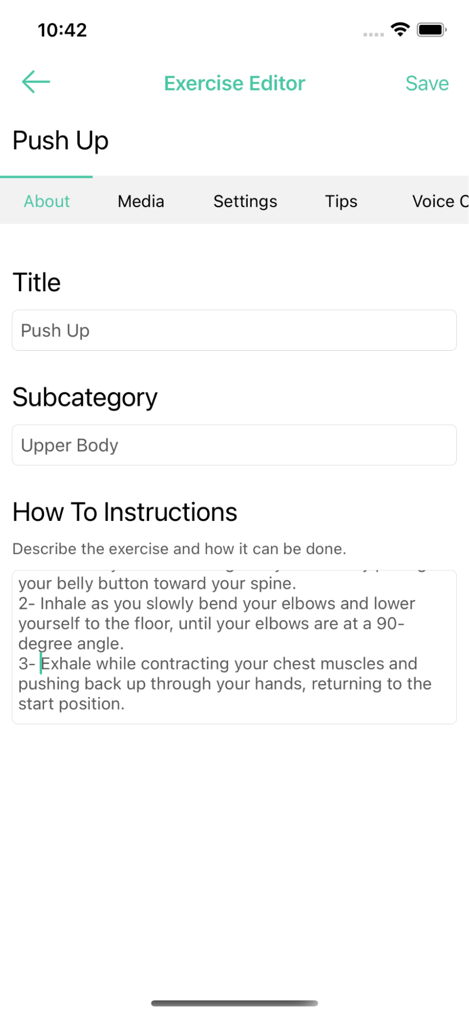 Custom exercise Title, subcategory and how to instructions
