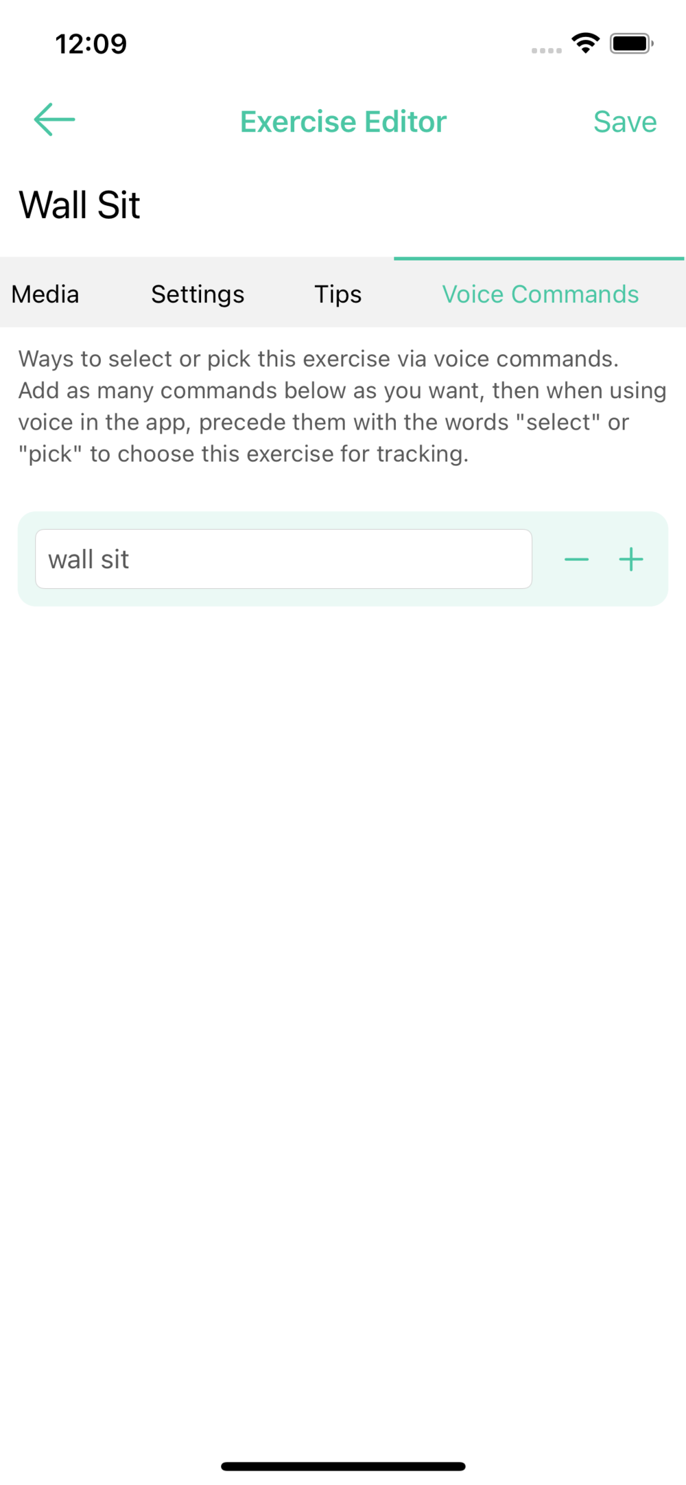 Specify the voice command(s) for the custom exercises you create