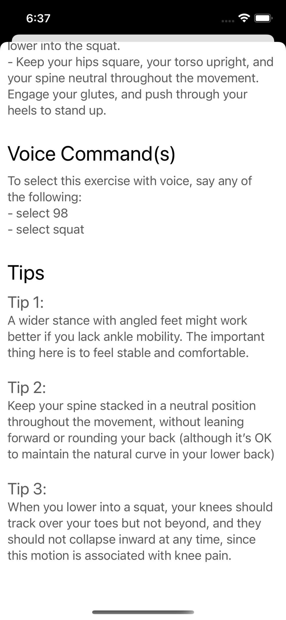 Additional information on what to watch our when doing the exercise (tips) and the actual voice command to select the exercise for tracking