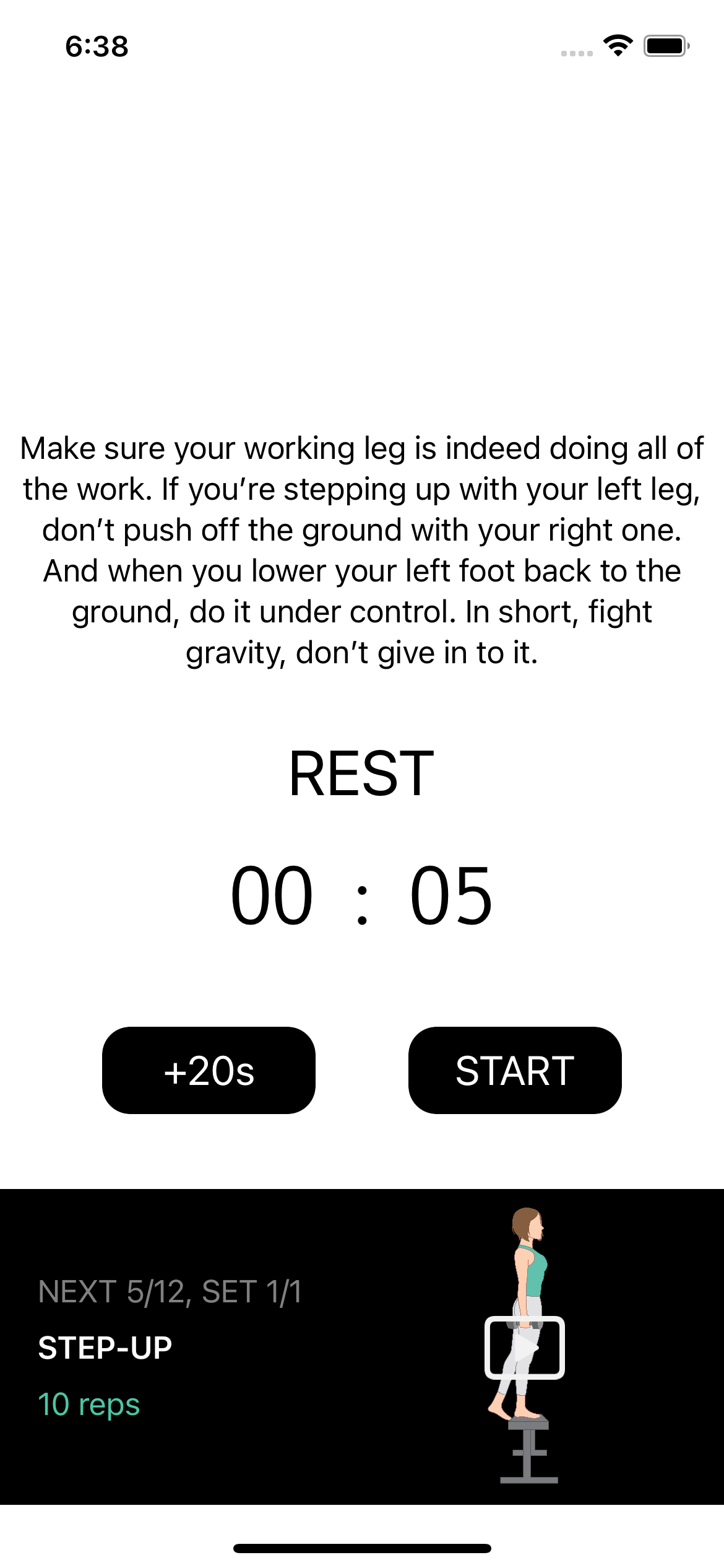 How the tip shows on the rest screen in the workout player