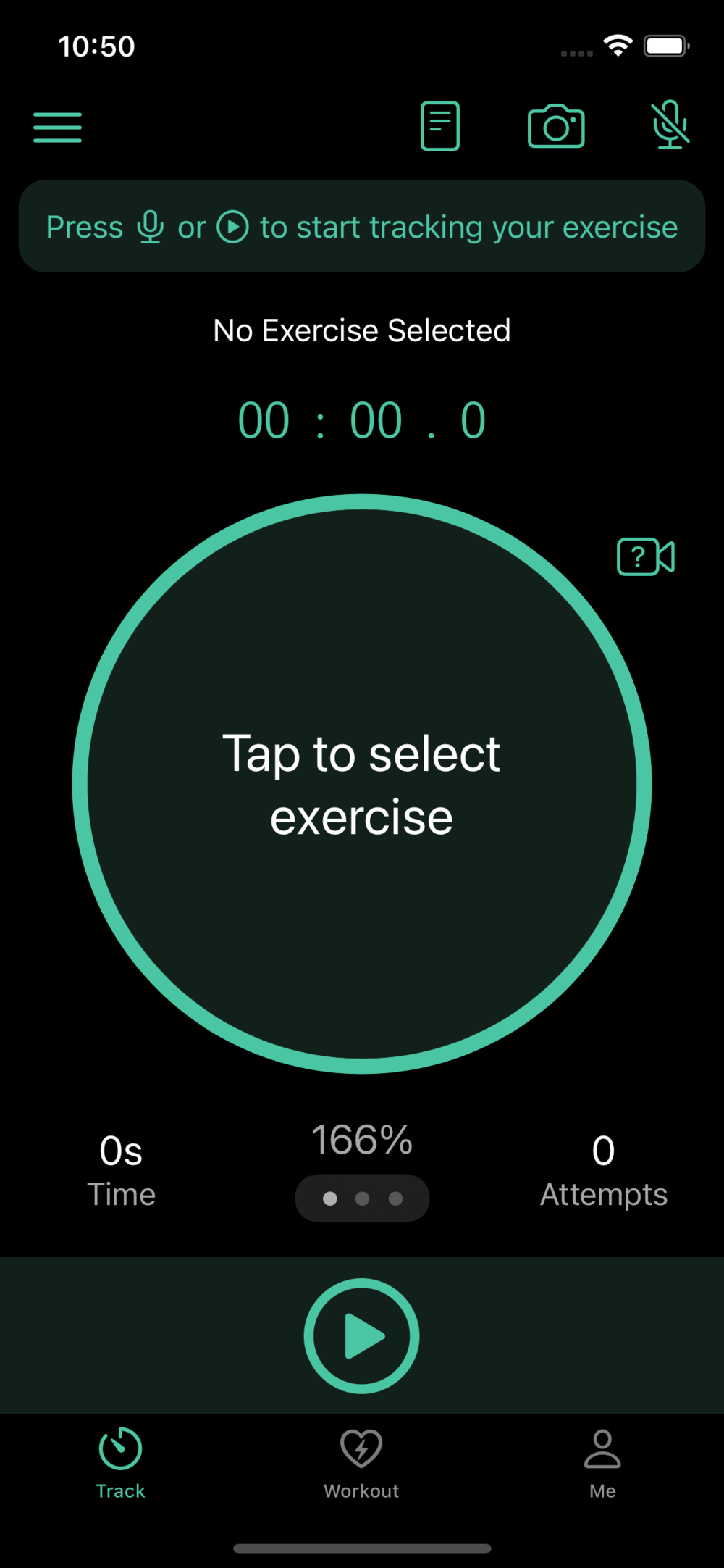 Tracking Screen - No exercise Selected