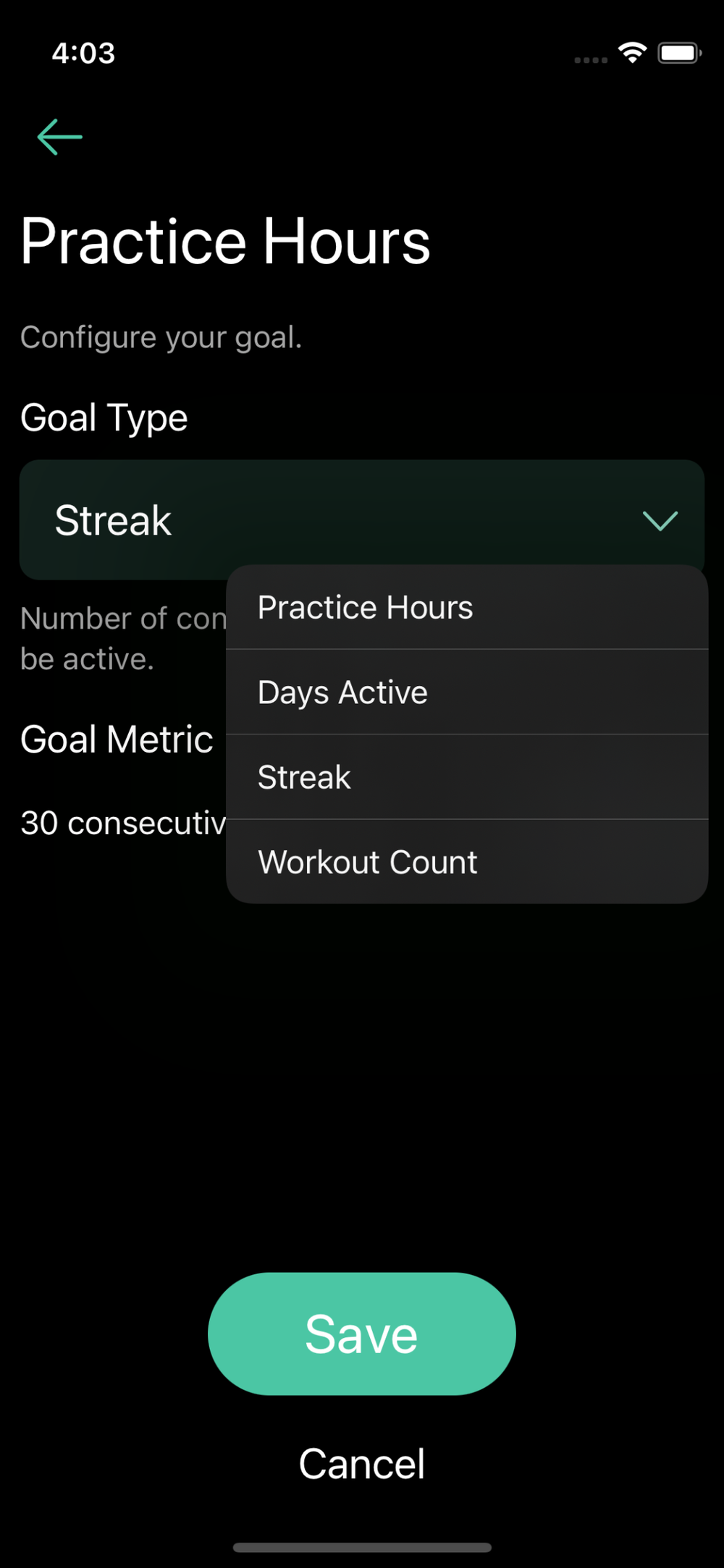 Configure Streak goal for 30 days