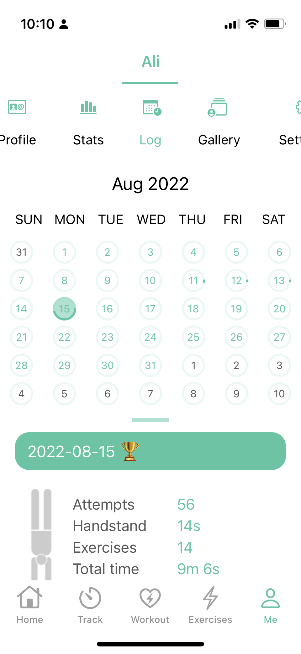 Workout Log: view activity day by day with calendar