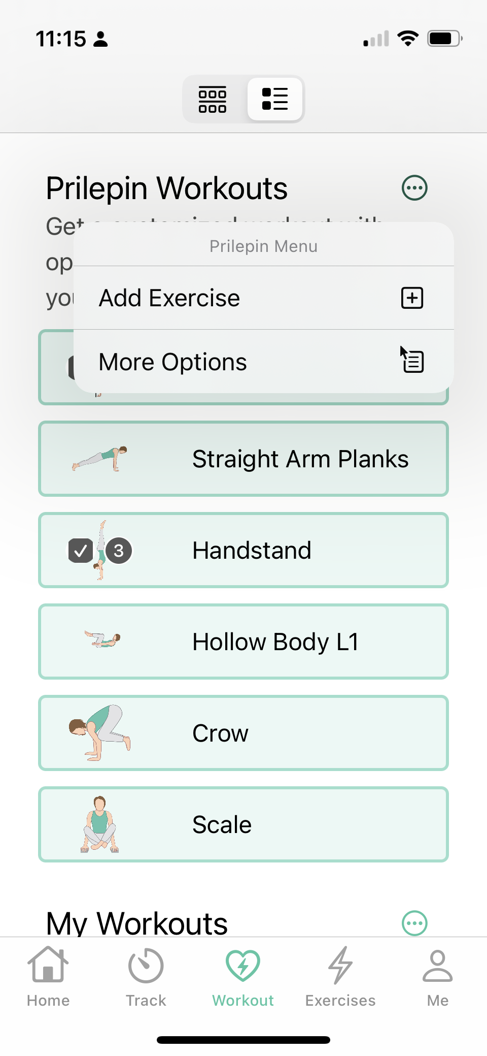 Prilepin Exercises in Workout List
