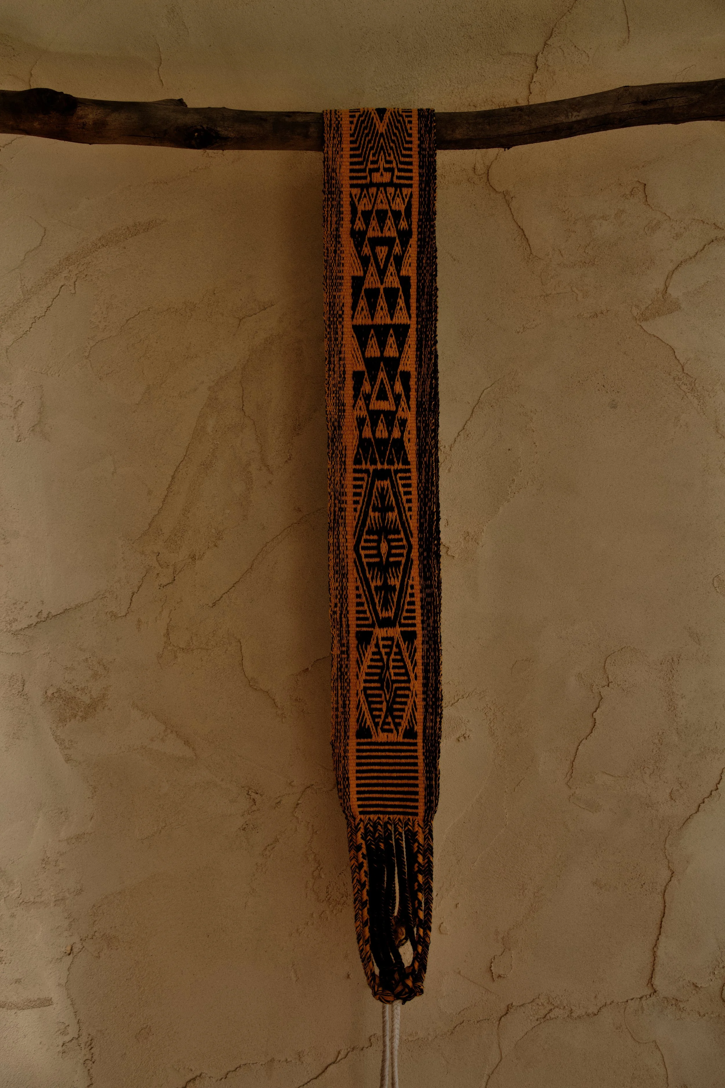 Handwoven Muisca Chumbe with traditional prayer-design, woven by Muisca master weaver Juan Pablo in the Colombian Andes.