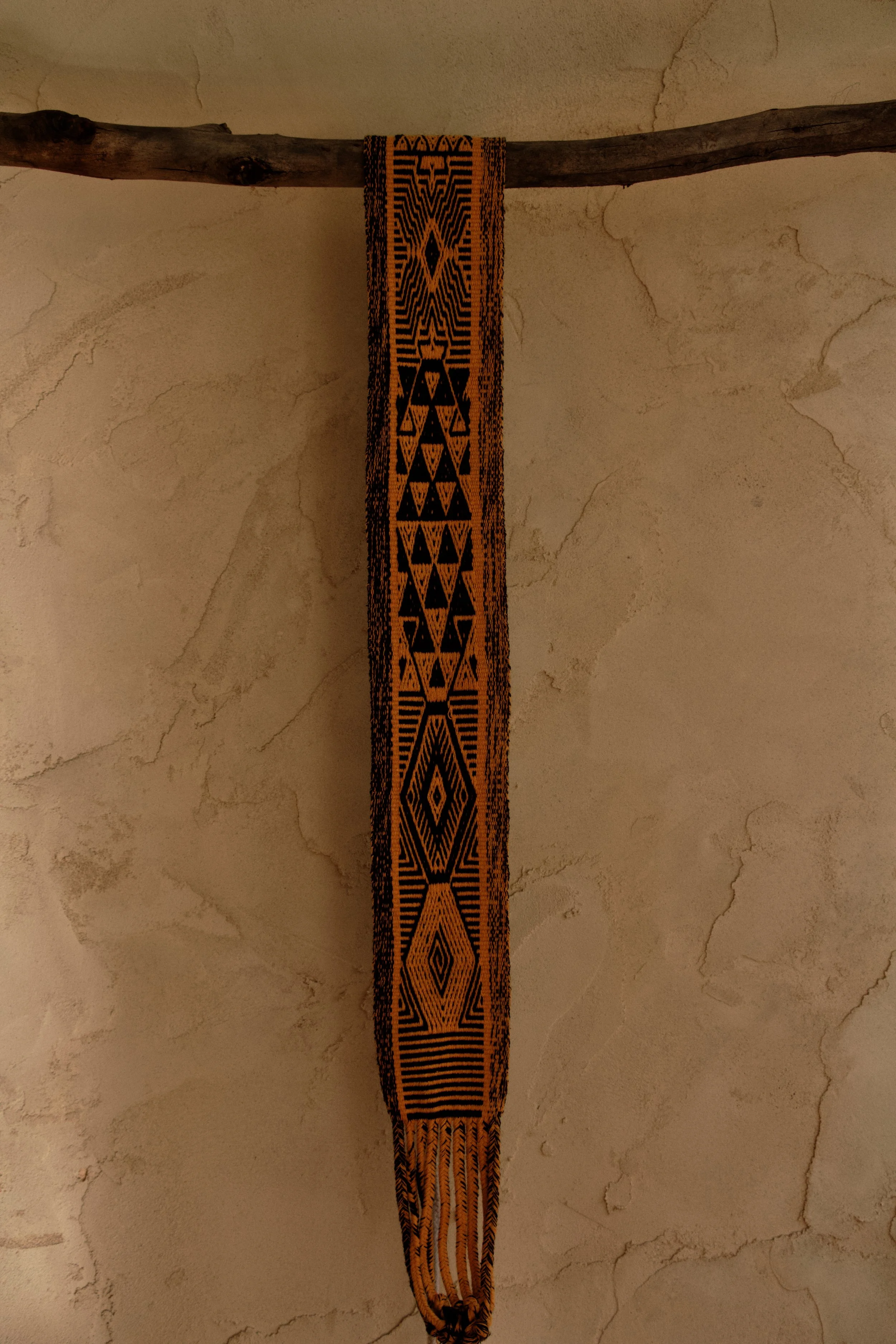 Handwoven Muisca Chumbe with traditional prayer-design, woven by Muisca master weaver Juan Pablo in the Colombian Andes.