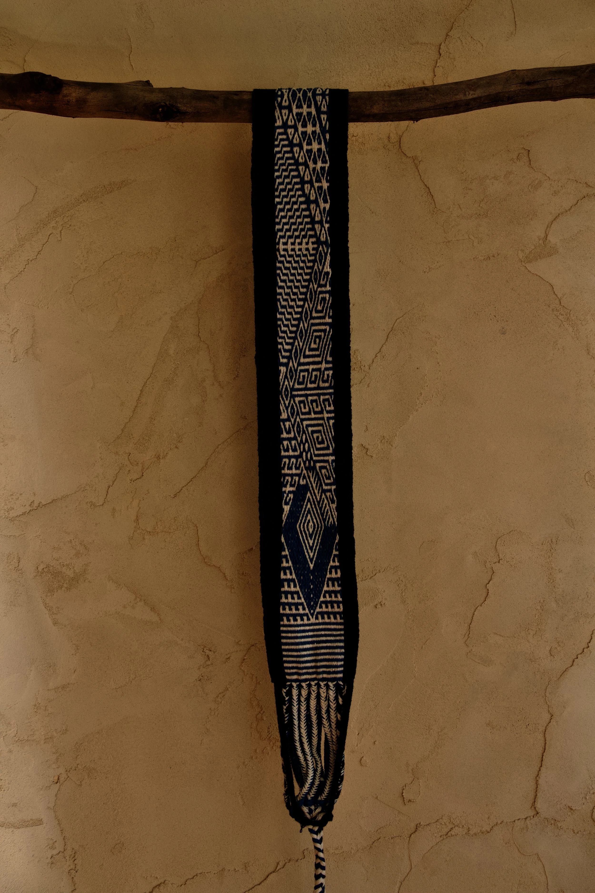 Handwoven Muisca Chumbe with traditional prayer-design, woven by Muisca master weaver Juan Pablo in the Colombian Andes.