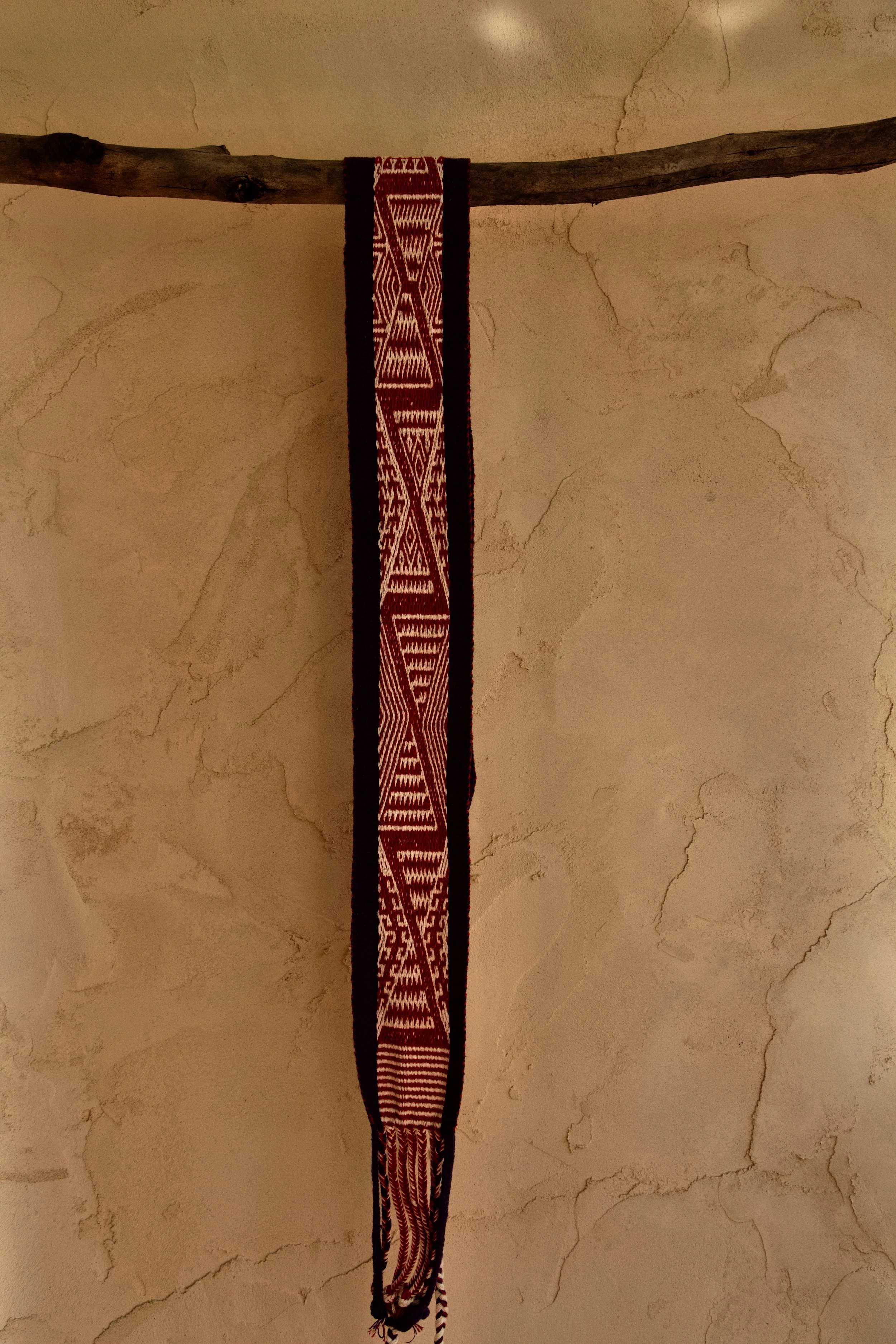 Handwoven Muisca Chumbe with traditional prayer-design, woven by Muisca master weaver Juan Pablo in the Colombian Andes.