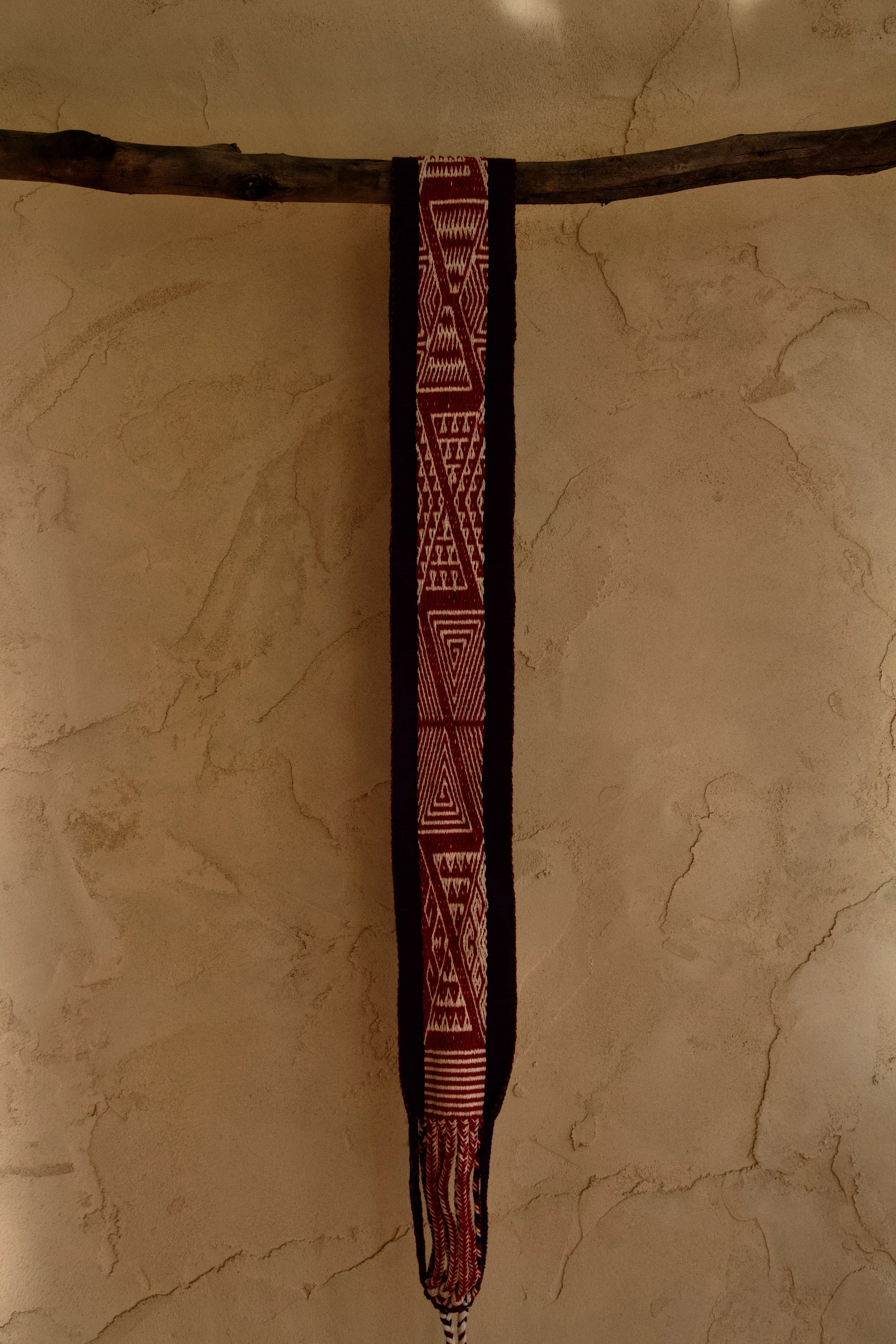 Handwoven Muisca Chumbe with traditional prayer-design, woven by Muisca master weaver Juan Pablo in the Colombian Andes.