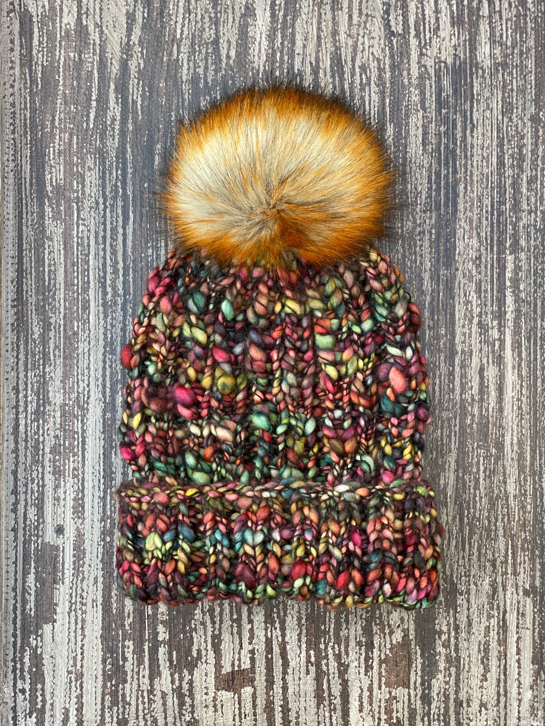 OOAK - Hand knit variegated knit hat with faux fur pom Malabrigo Caracol Don main image 2
