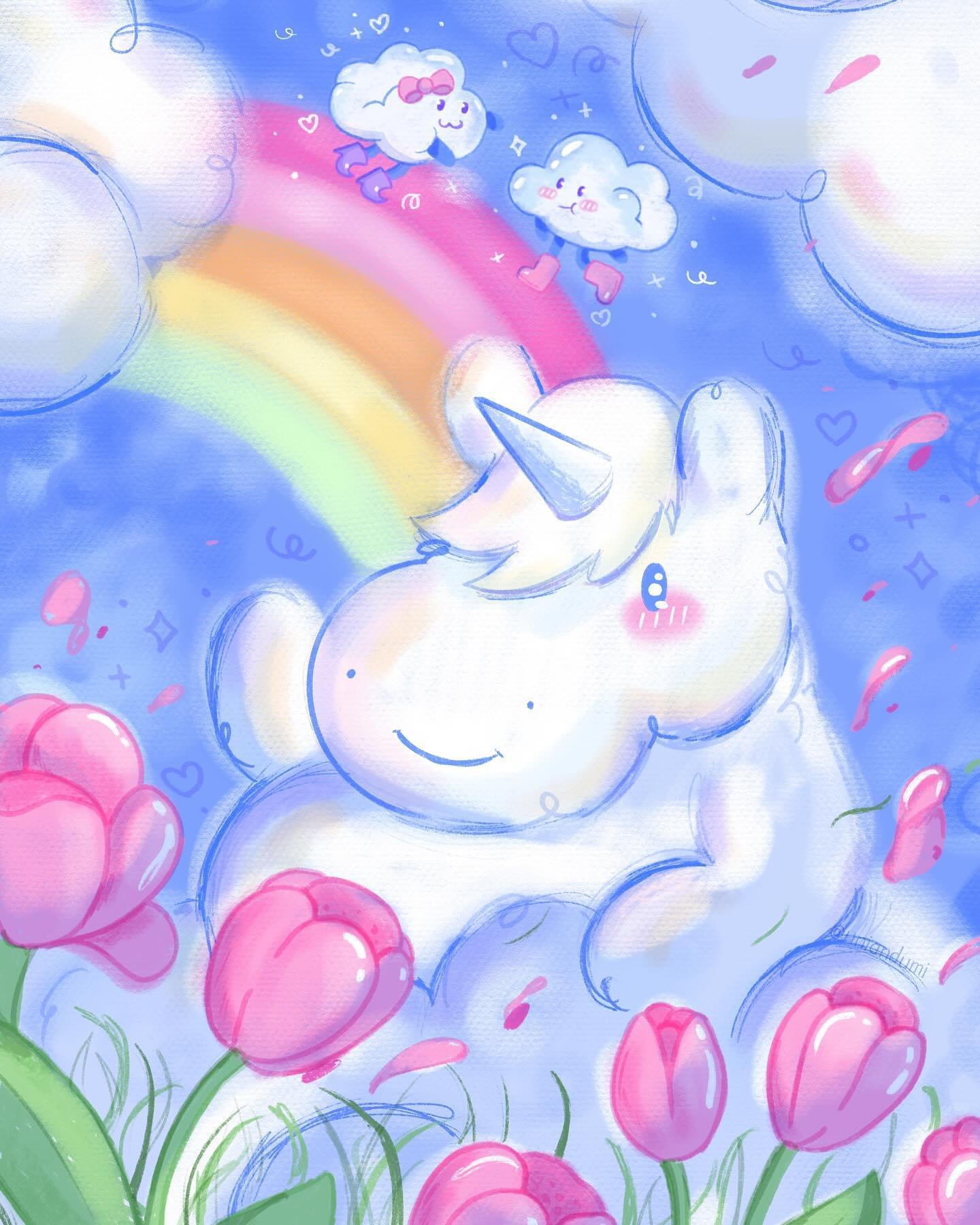 Uni as a cloud 🦄☁️💖💙 this illustration was so comforting to draw! I included Cloudy and Rane in the sky as well! I&rsquo;m looking forward to all this warm weather! 
.
.
.
🏷️
#clouds #natureillustration #illustration #cuteillustration #kawaiiillu