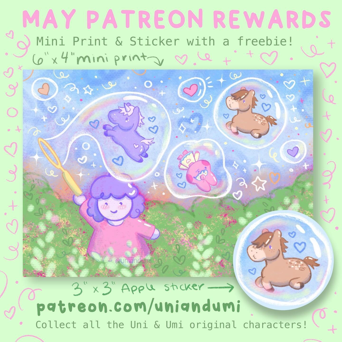 🫧May Patre⭐️n rewards are here!! Swipe to see the details!🫧💖 Umi is catching Uni, Bubblegum (Bubs), and Apple in bubbles hehe! This was such a nice piece to draw and helped me get through this TERRIBLE week oh my god. The horrors persist but so do