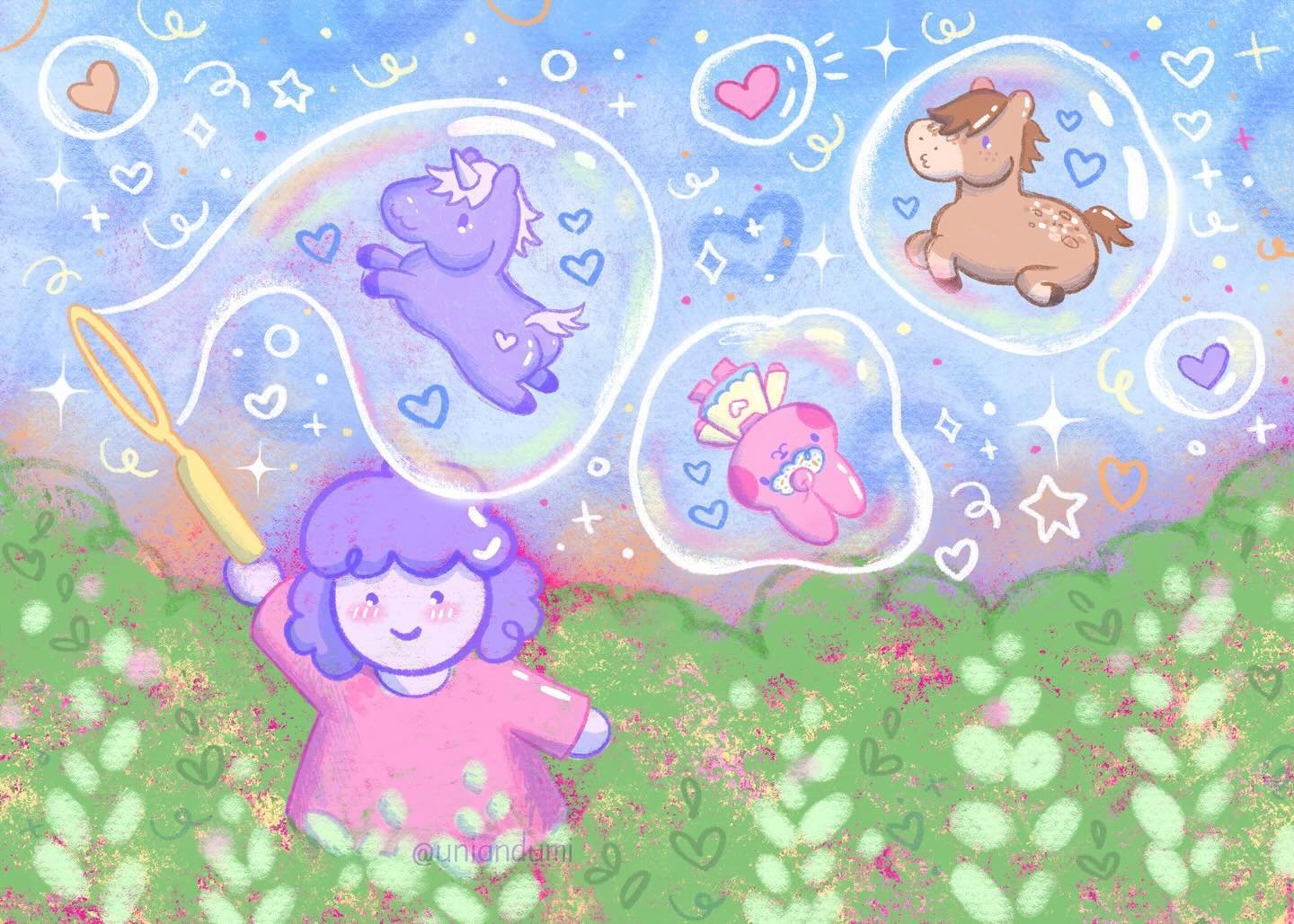 🫧💕🌱Umi has captured her friends Uni, Bubs, and Apple in bubbles 😮🩷 I adore this piece so much. I love the texture and children book illustration style it has. This piece will be a print for this month&rsquo;s Patre🥰n reward.🍓 I hope everyone i