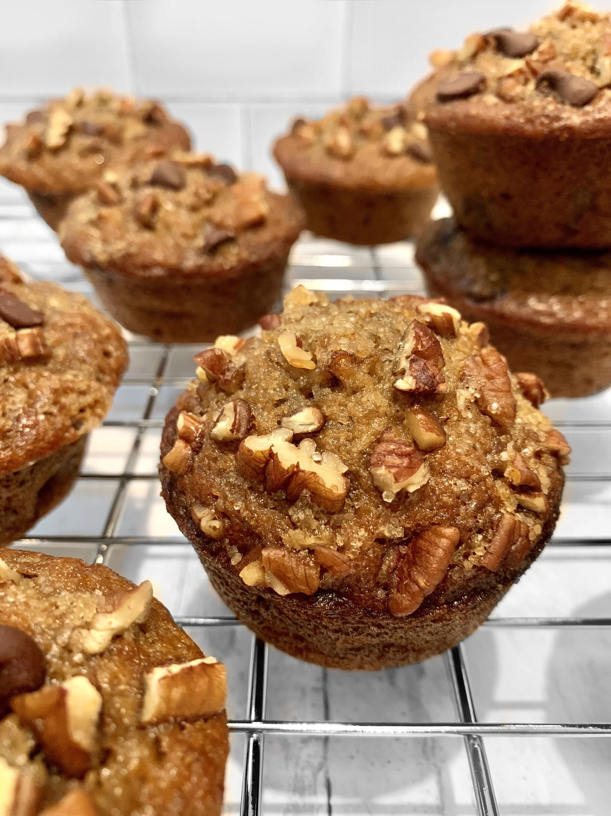 Banana Chocolate Chip Muffins with Toasted Pecans
