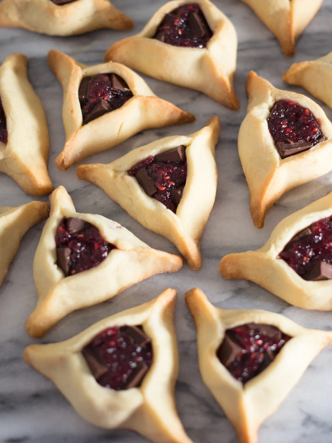 Raspberry, Chocolate, and Poppyseed Hamantashen