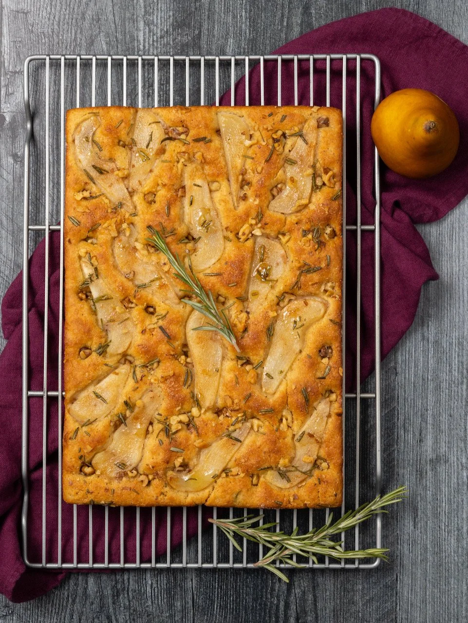 Pear and Rosemary Whole Wheat Focaccia with Walnuts