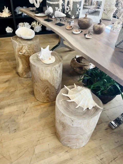 Teak root tables and other natural wood art pieces are displayed at DOA.