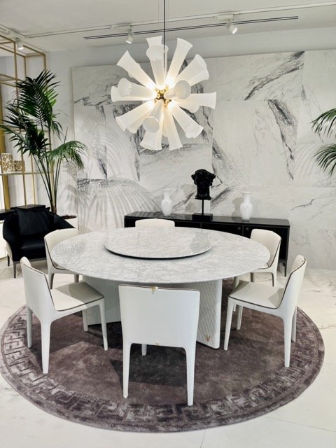 An all white dining arrangement in West Hollywood Design District.
