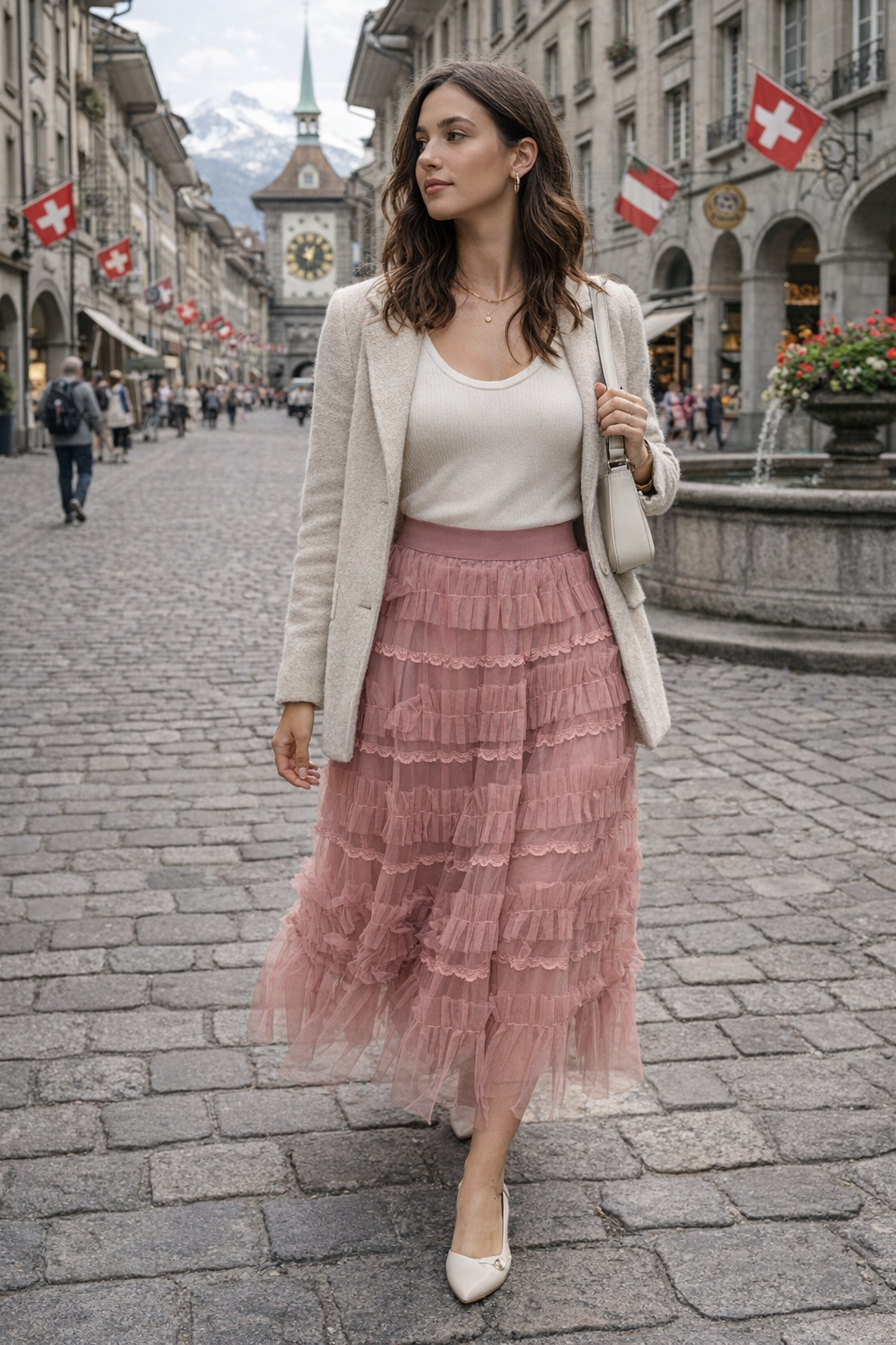 Women's Solid Color Elastic Waist Ruffle Trim Layered Tulle Skirt,