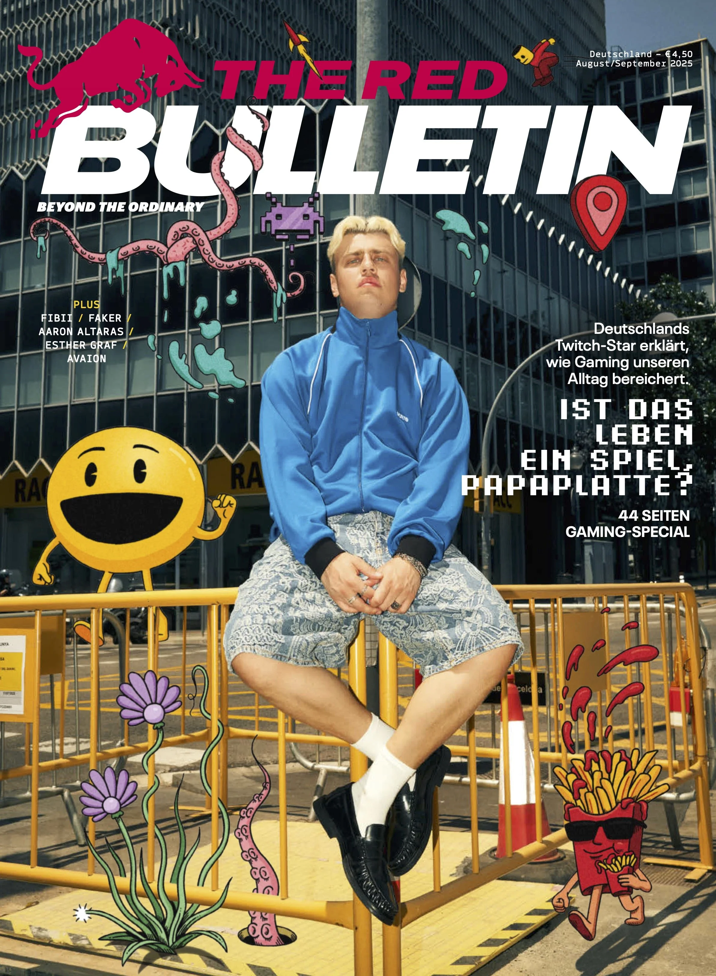 Jugendliche Person sitzt auf Geländer vor einem modernen Gebäude, umgeben von Comic-Illustrationen wie Smiley, Tintenfisch, Püree-Tüte mit Pommes, Blumen und Grafiken. Das Cover eines Magazins mit Titel 'The Red Bulletin' und Text über Gaming. Einige