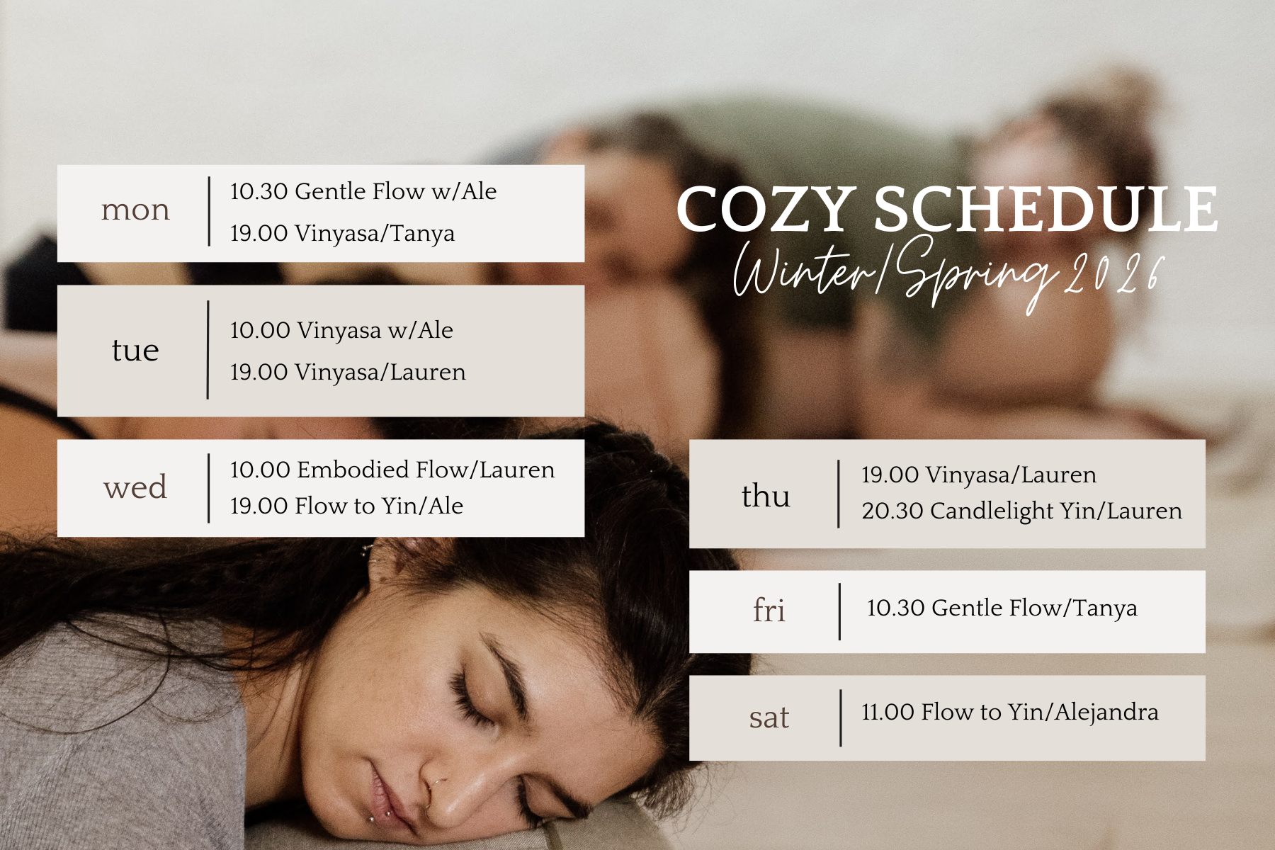 Photo of a cozy yoga class schedule for Winter/Spring 2026 overlaying an image of a woman lying down with her eyes closed and relaxed.