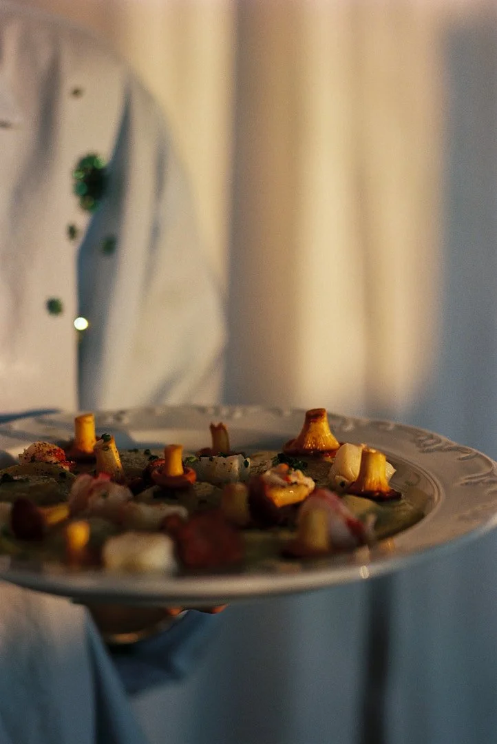 A person holding a plate with stuffed mushrooms, garnished with herbs, against a softly lit background.