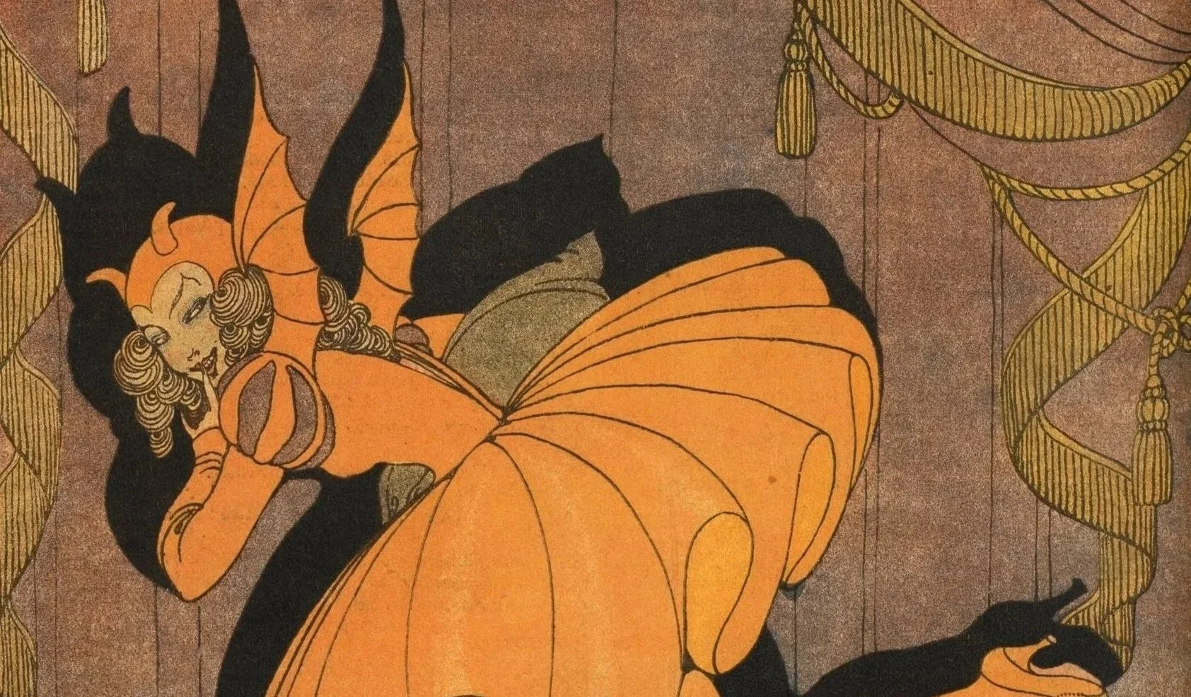 A traditional Japanese art print featuring a female figure with long wavy hair, dressed in an orange kimono with elaborately layered and adorned sleeves, lying on a floor with a dark creature, possibly a snake, near her feet. She appears to be sleeping or resting, with one hand near her face and one on her body. The background includes decorative curtains with gold accents.