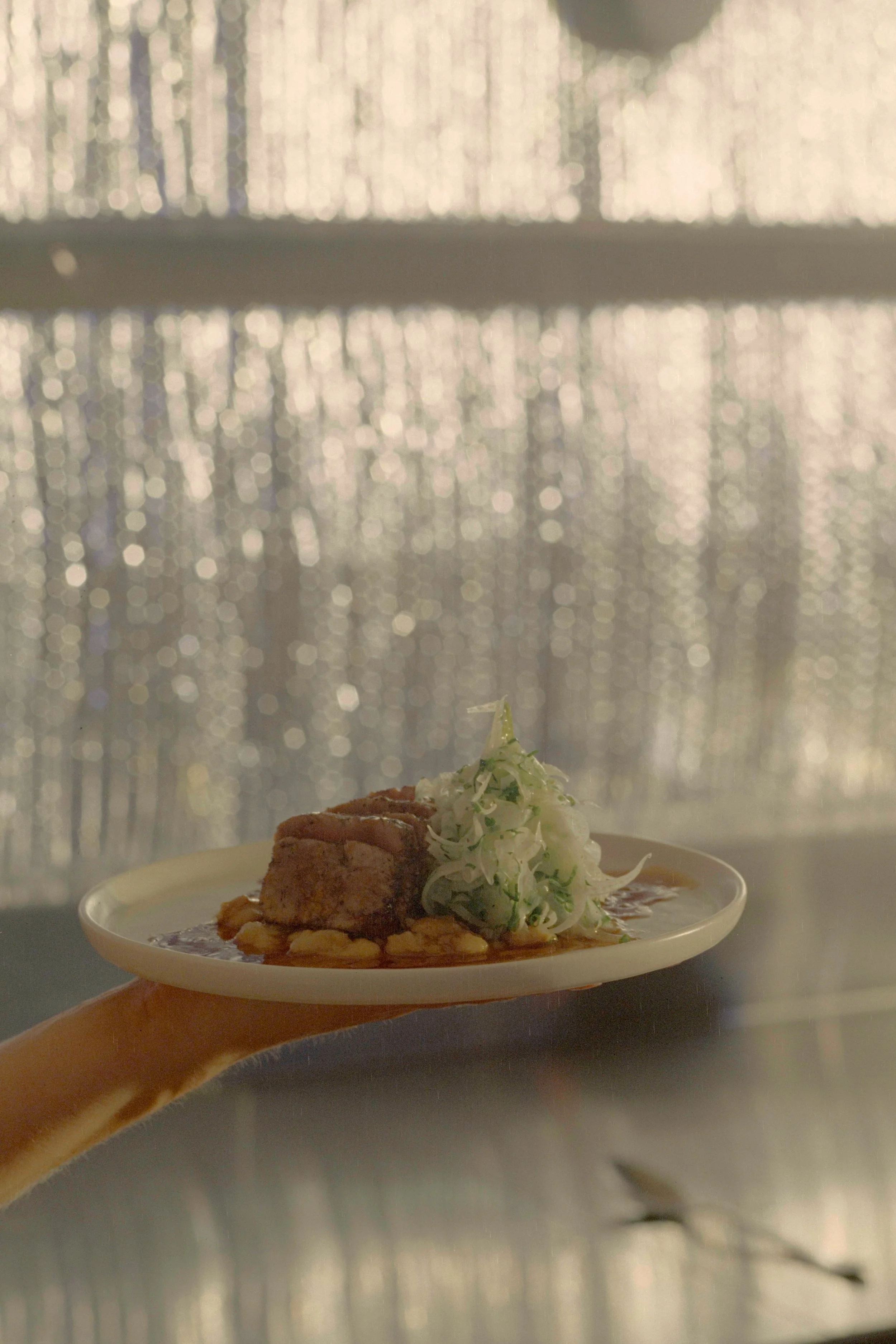 A small white plate with a portion of cooked meat, topped with a dollop of white sauce or garnish, and decorated with shredded white cabbage, all set against a blurred, shimmering background.