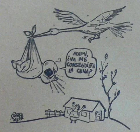 A line drawing of a stork carrying an infant. The infant leans out of their cloth bundle to shout at a woman, who stands below: “Mommy, have you gotten my crib yet?”