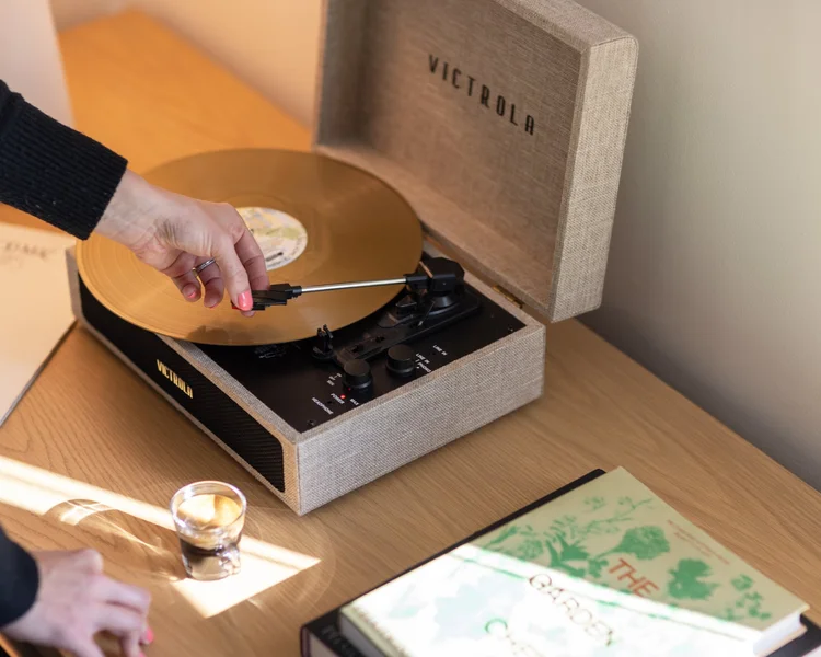 Record player styled in a hotel guest room