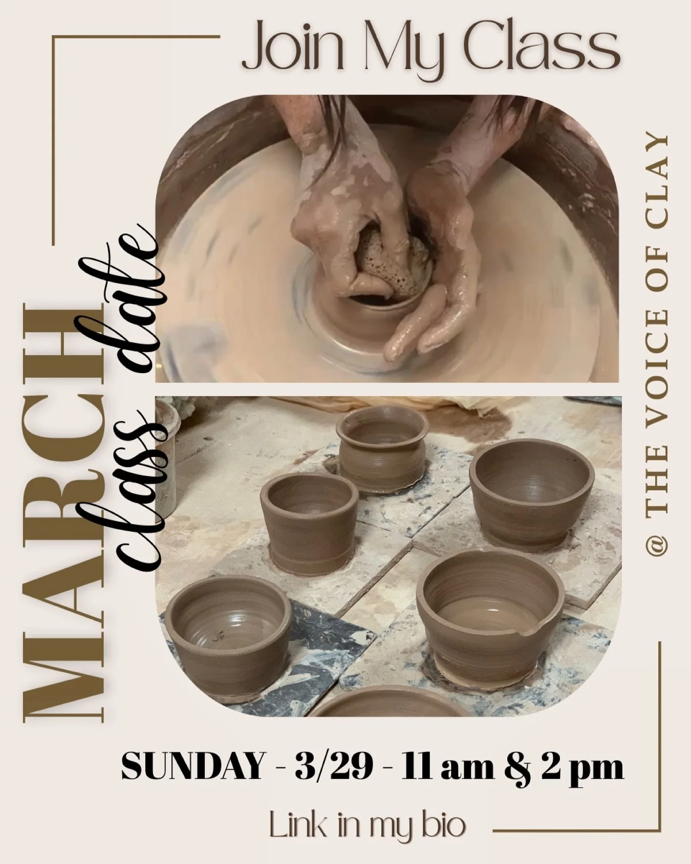 Spend your Sunday in the studio! 

Join me on March 29th at 11am or 2pm for a wheel throwing class. Click the link in my bio to register! 

Hope to see you there 🤎