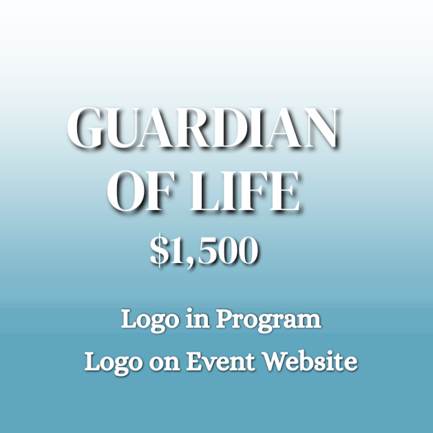 Text displaying 'Guardian of Life', price $1,500, with notes about logo placement for a program and event website, set against a gradient blue background.