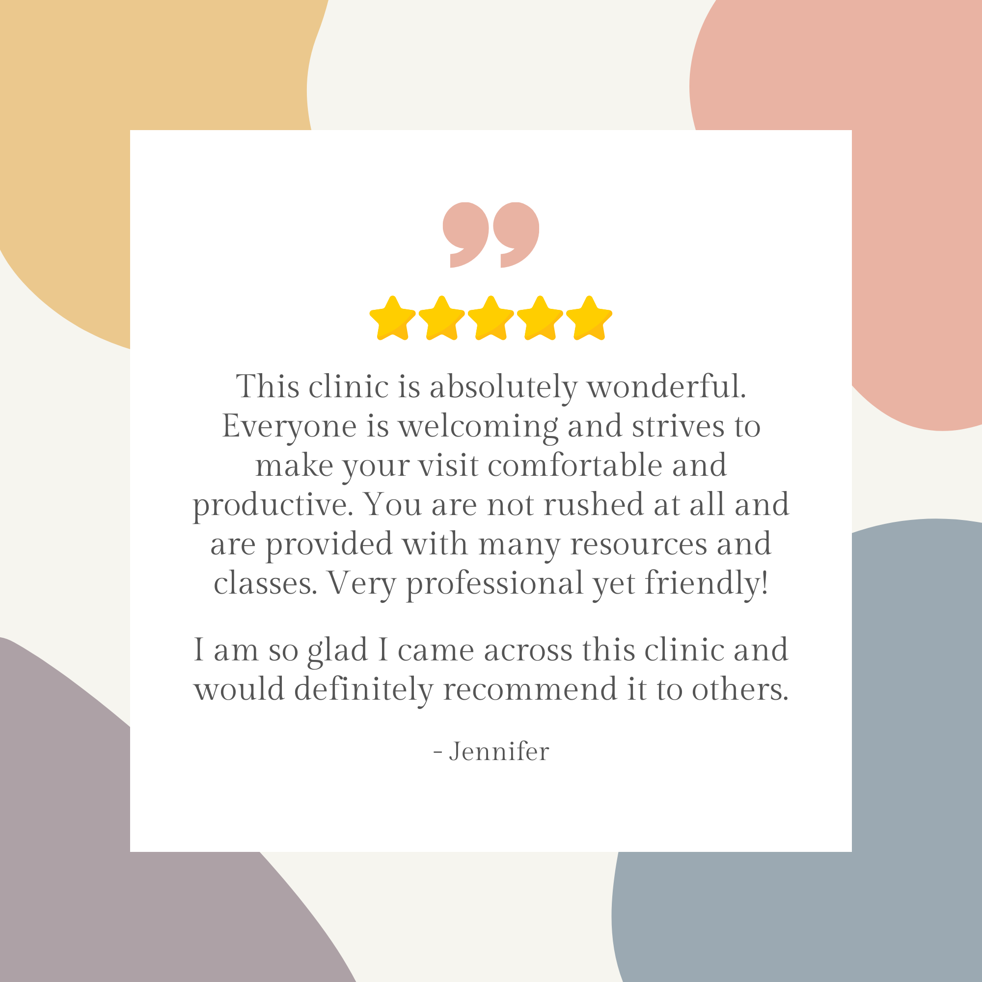 Patient testimony: "This clinic is absolutely wonderful. Everyone is welcoming and strives to make your visit comfortable and productive. You are not rushed at all and are provided with many resources and classes. Very professional yet friendly!"
