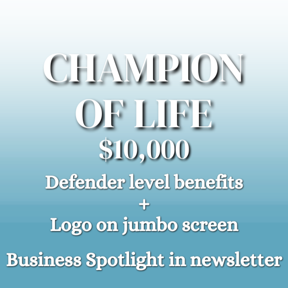 Advertisement for a life insurance plan titled "Champion of Life" with a $10,000 benefit, defender level, and logo on jumbo screen, featuring a business spotlight in a newsletter.