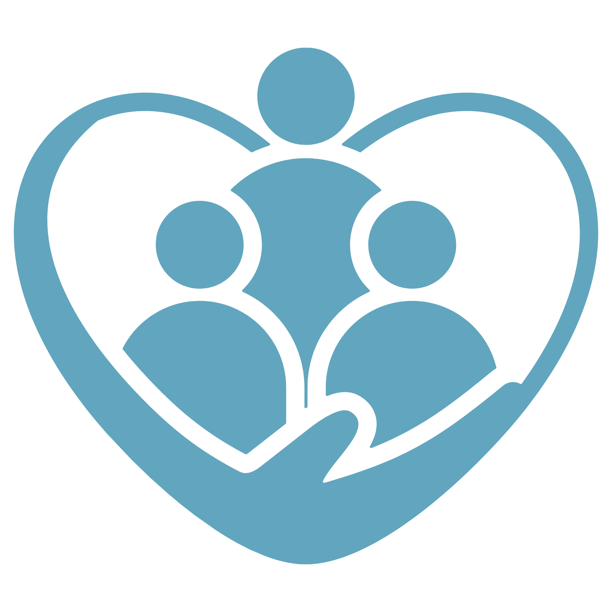 A stylized logo of a person with outstretched arms inside a heart shape, composed of simple geometric shapes in blue.