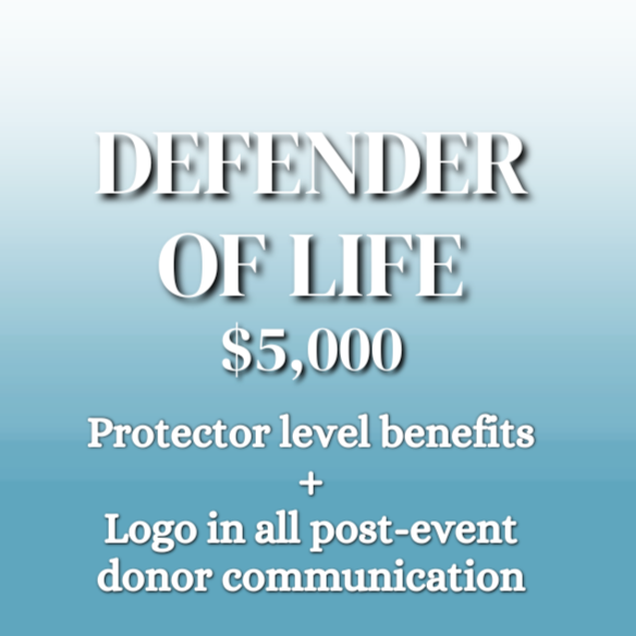 Text stating 'Defender of Life $5,000, Protector level benefits + Logo in all post-event donor communication' on a light blue to darker blue gradient background.
