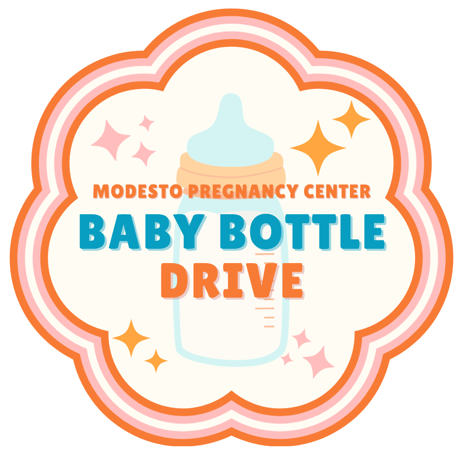 A colorful graphic with a baby bottle in the center, surrounded by a scalloped border, stars, and sparkles. Text reads 'Modesto Pregnancy Center Baby Bottle Drive' in bold orange and blue letters.