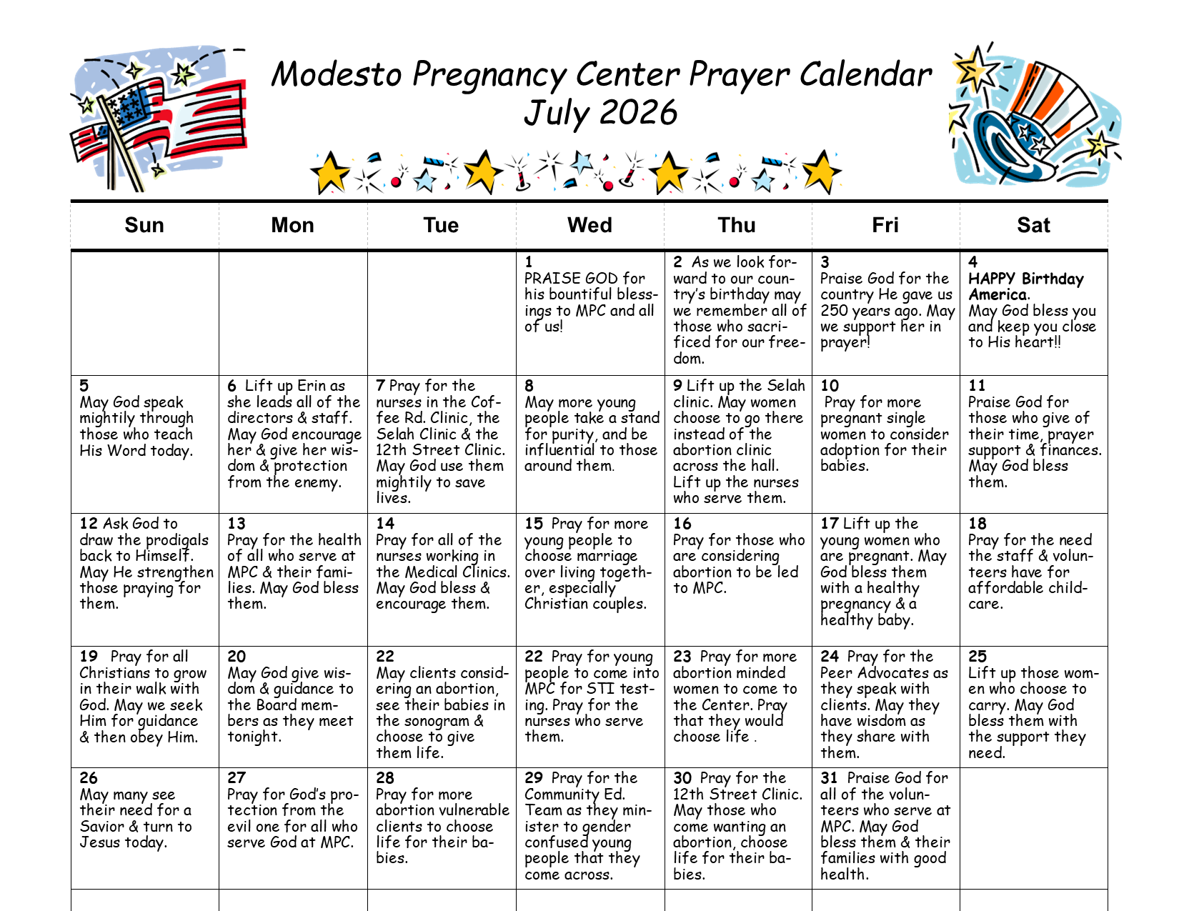 July 2026 Modesto Pregnancy Center prayer calendar with patriotic decorations, including American flags, stars, fireworks, and a magician's hat, featuring daily prayer topics for health, wisdom, and specific causes.