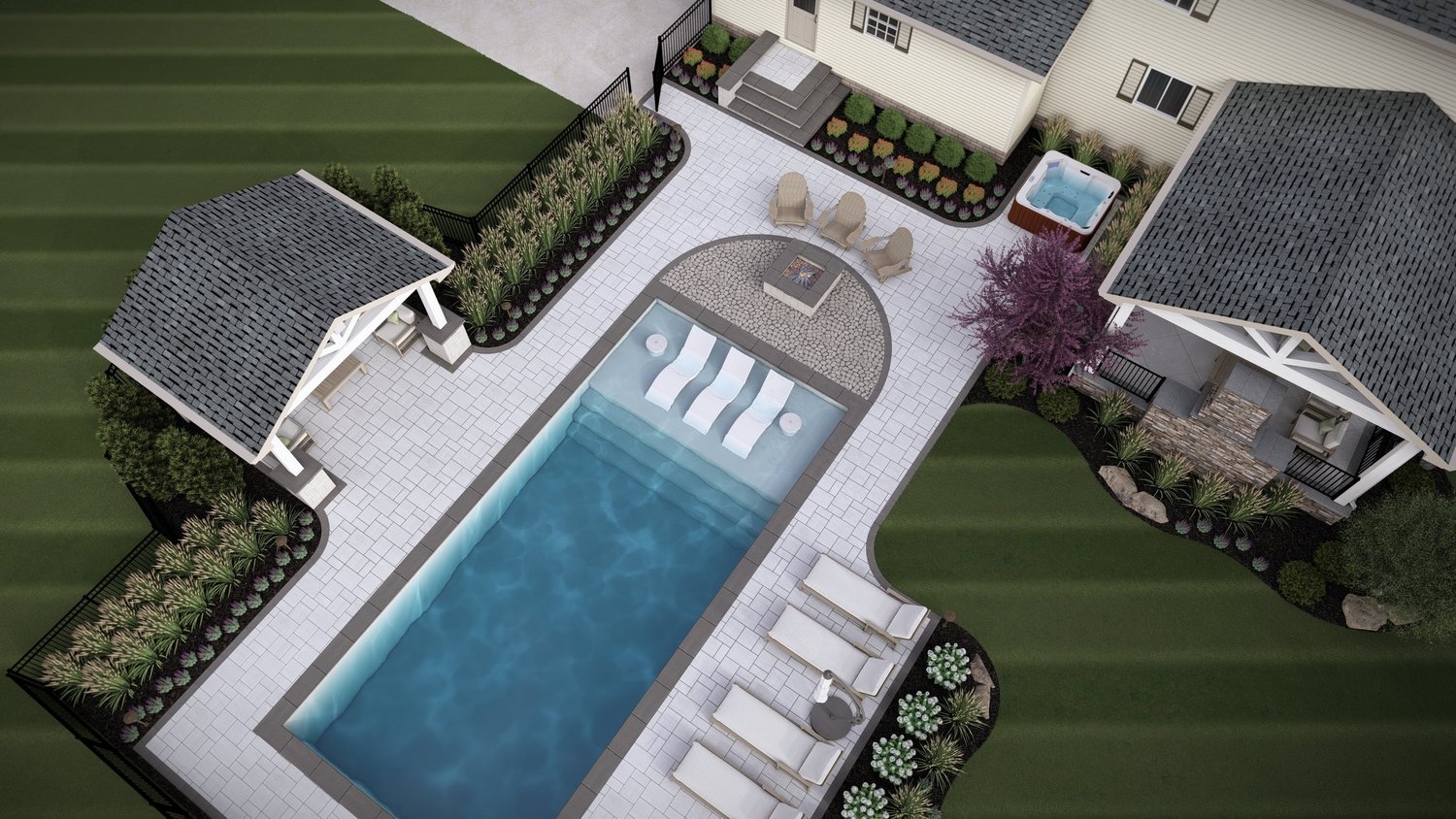 Aerial plan-view render of a poolside estate
