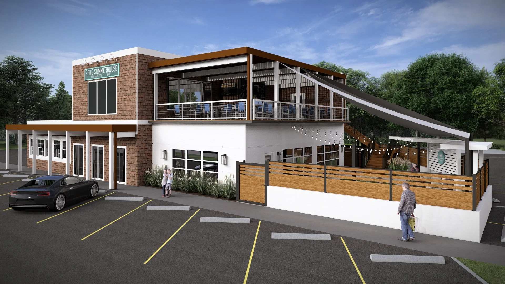 A modern, two-story restaurant and bar named 'Reed's Summerhouse' with outdoor seating, parking lot, and surrounded by trees.