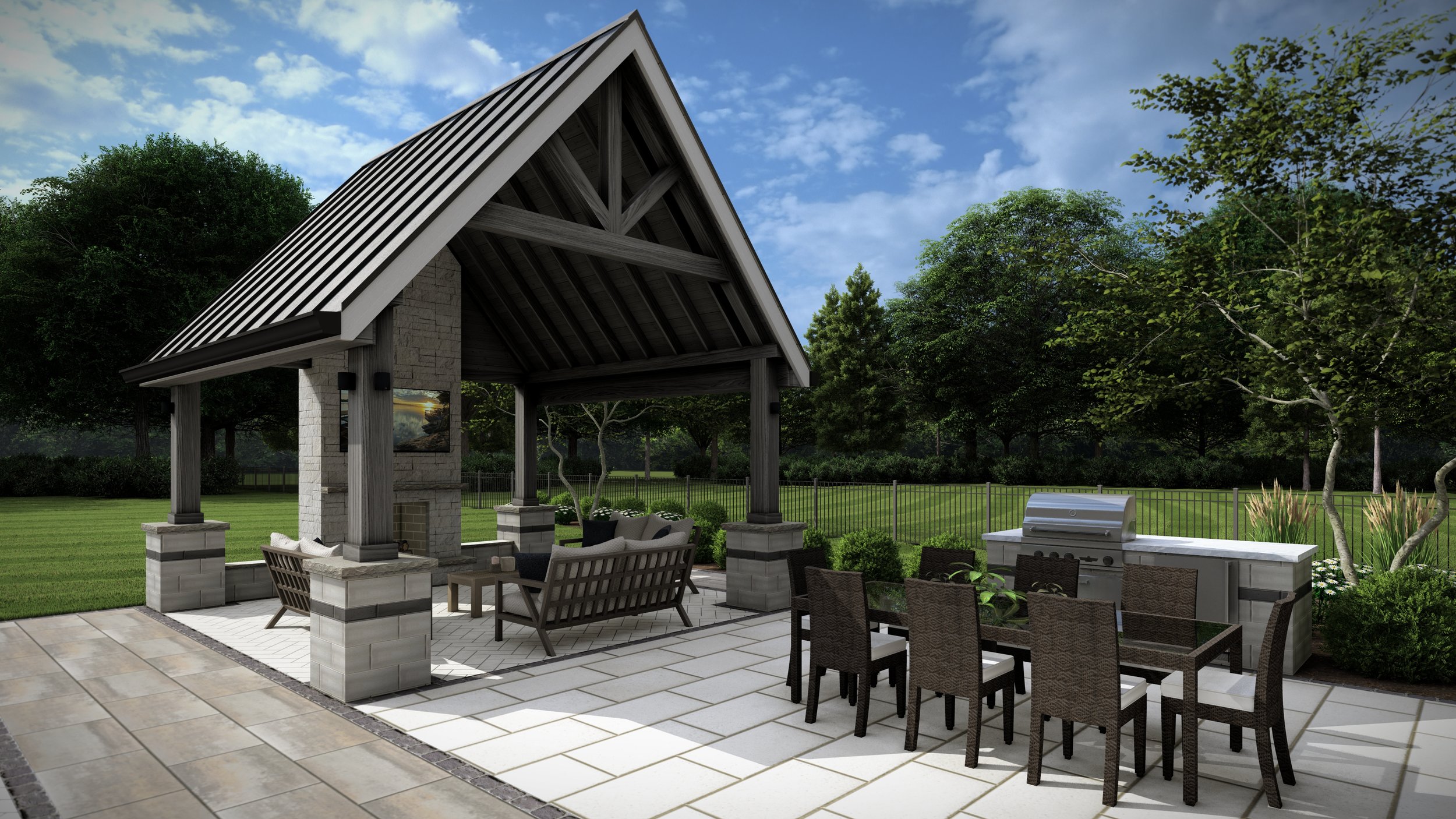 Covered outdoor pavilion with fireplace, dining and full outdoor kitchen designed by KD Outdoor Design