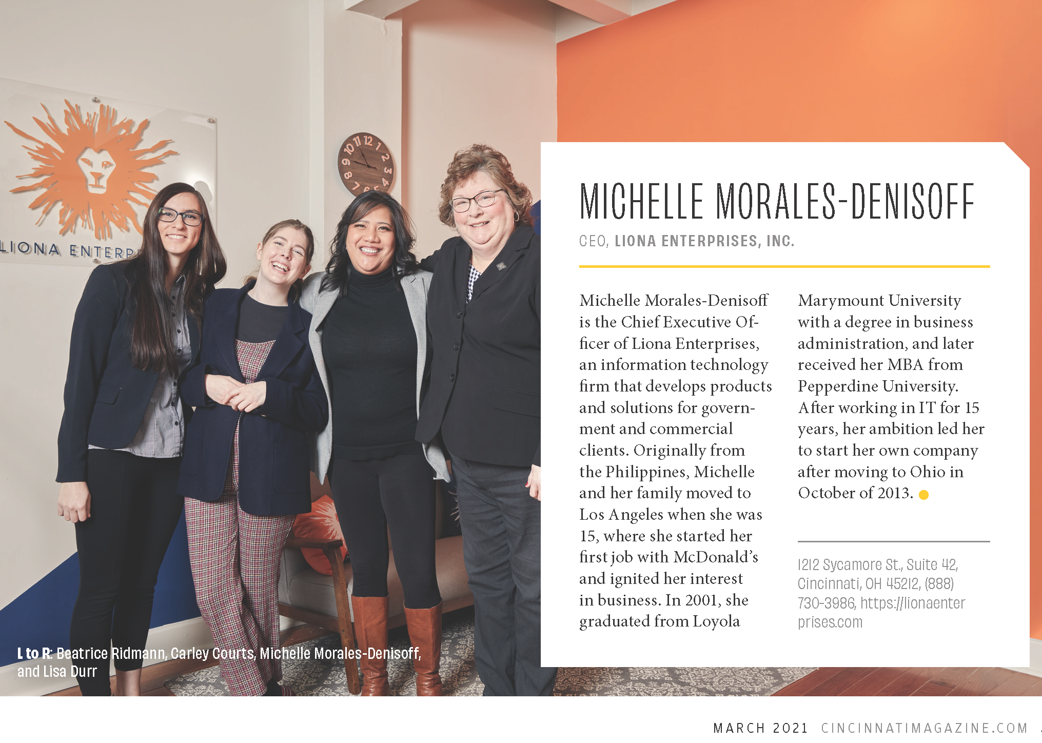 Liona Enterprises featured in the Cincinnati Magazine March 2021 edition Women Who Move Cincinnati!