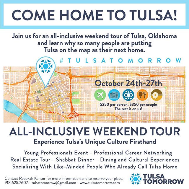 Join us for a weekend and experience Tulsa&rsquo;s rich culture and community. Learn why so many of us already call Tulsa home.
.
.
#comehometotulsa #tulsatomorrow #tulsa #jewishyoungprofessionals #livingontulsatime #employmentopportunities #networki