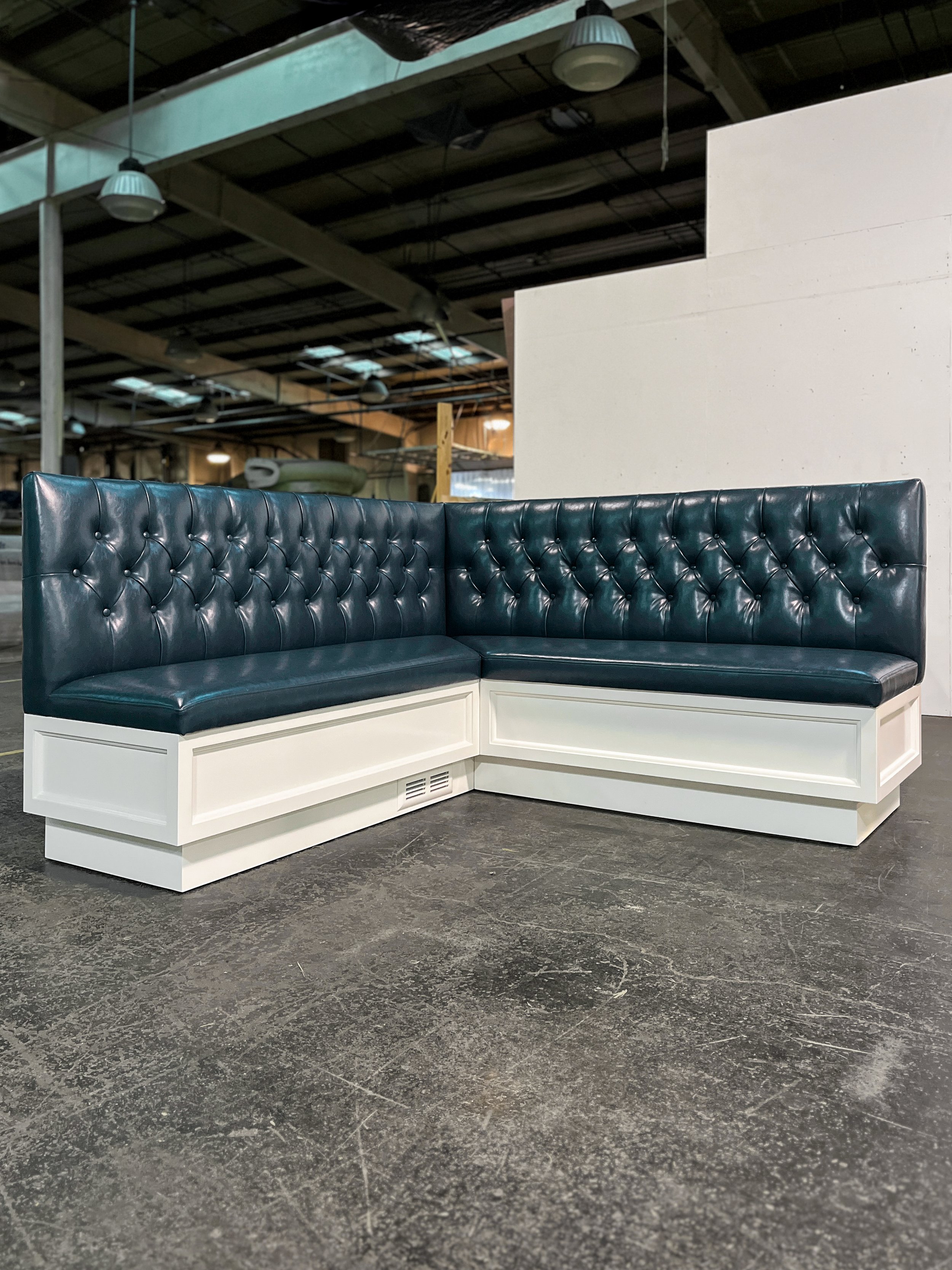 Navy Blue Diamond Tufted Banquette with Shaker style white base.