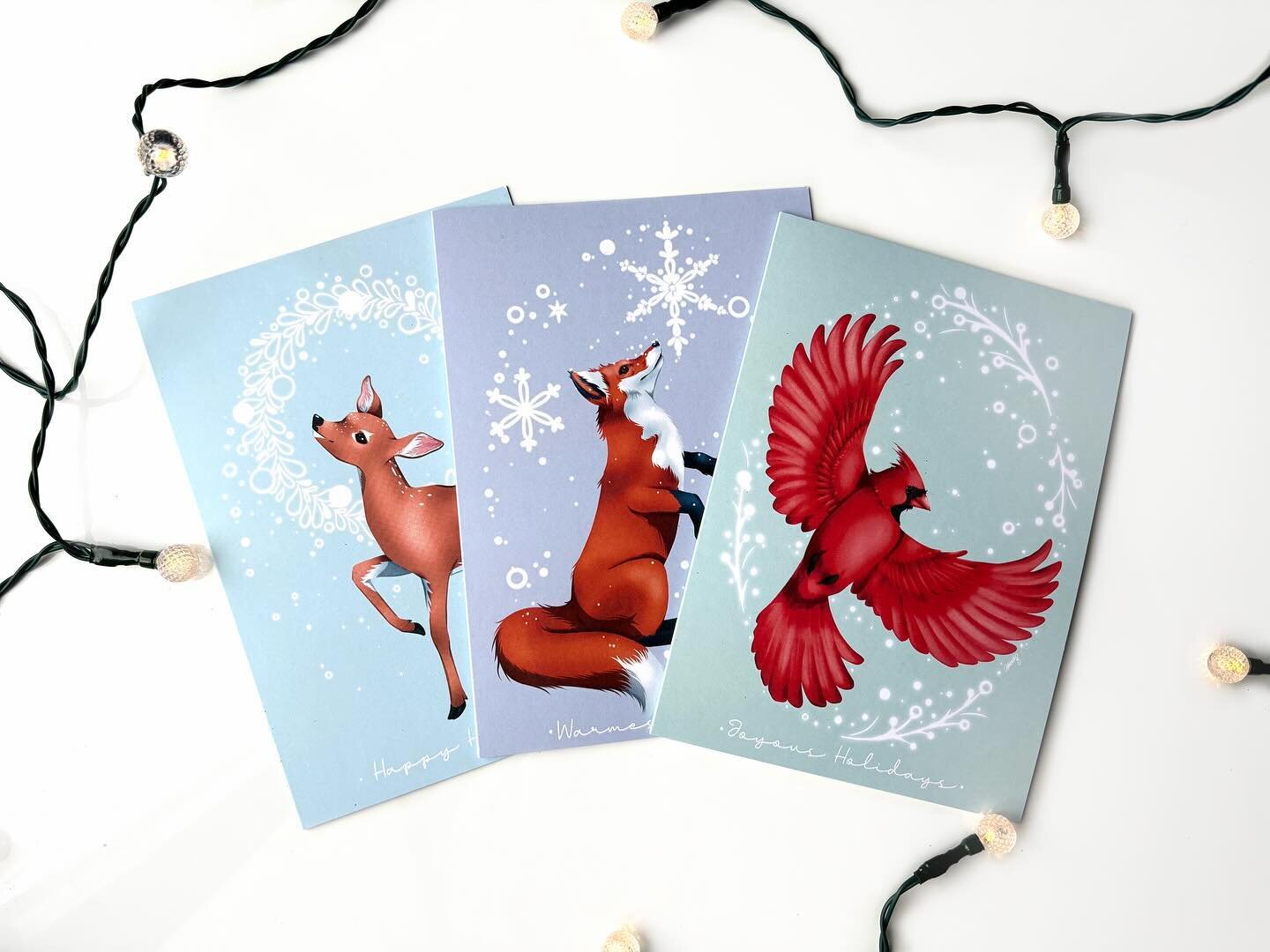 Holiday cards are here! Link in bio! Hope everyone is staying safe and warm 🤍❄️
&bull;
&bull;
&bull;
#holidaycards #independentartist #foxesandbirdsanddeerohmy #holidayart #christmasart #chriatsmascards