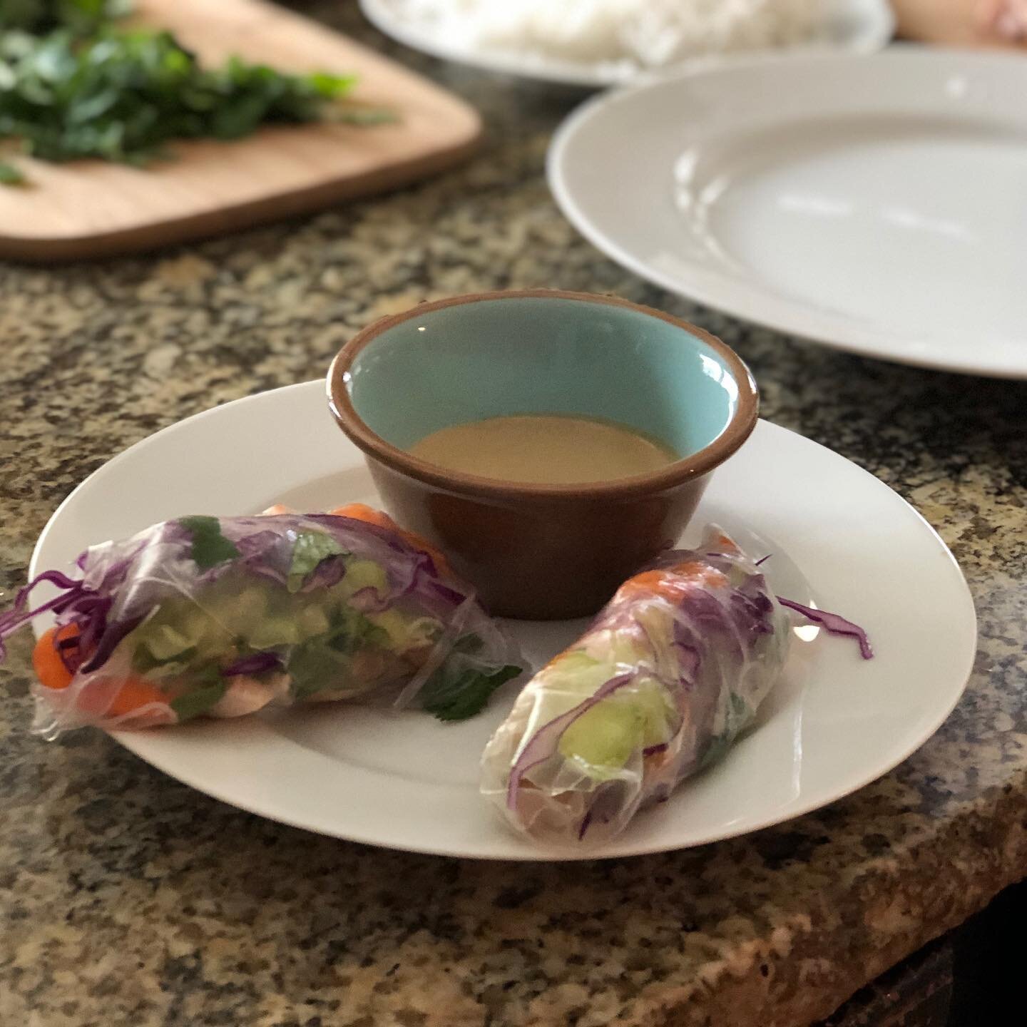 Fresh veggie &amp; grilled chicken spring rolls inspired by Britanny Aki!  She made Audra Robinson, Breana Rogers and I the most amazing lunch a few weeks back and I had to copy and make it for the fam. &hearts;️Brit..... you made it look so easy!! 
