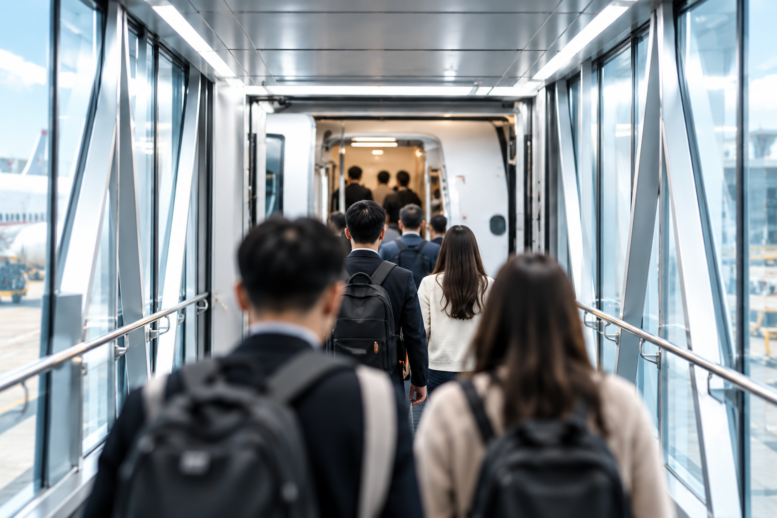 Passengers boarding aircraft through passenger boarding bridge