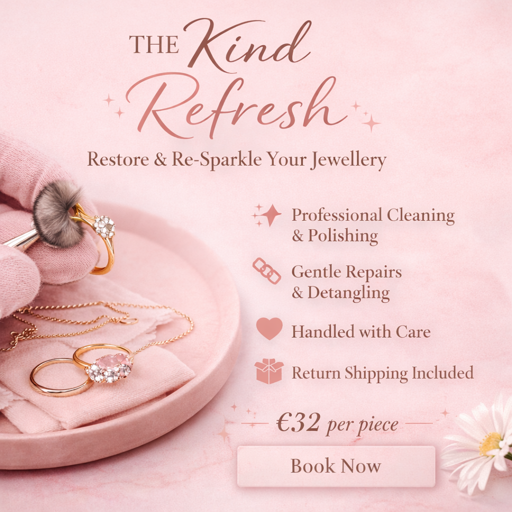 Pink jewelry box with rings, necklaces, and a bracelet, promotional graphic for jewelry cleaning and repair services with text detailing offerings and price, pink background with floral accents.