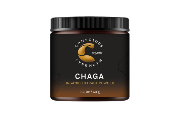 Jar of Conscious Strength Chaga Organic Extract Powder, 2.12 oz, with black lid and label featuring golden logo and text.